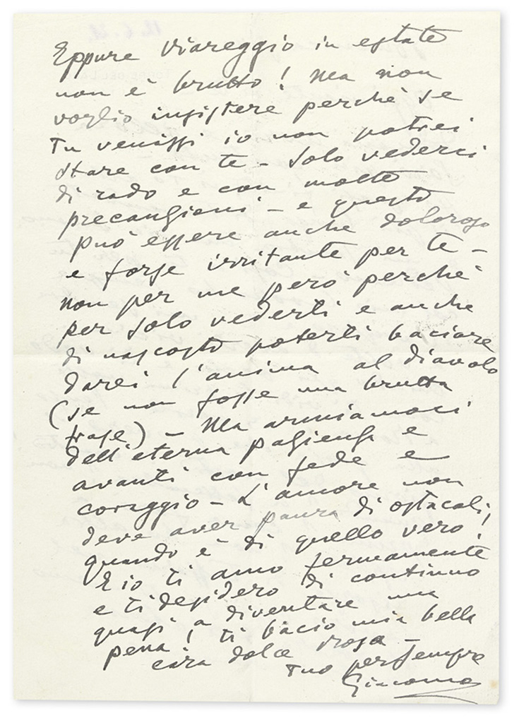 PUCCINI, GIACOMO. Autograph Letter Signed, Giacomo, to Rose Ader [from envelope] (lacking salutation), in Italian,